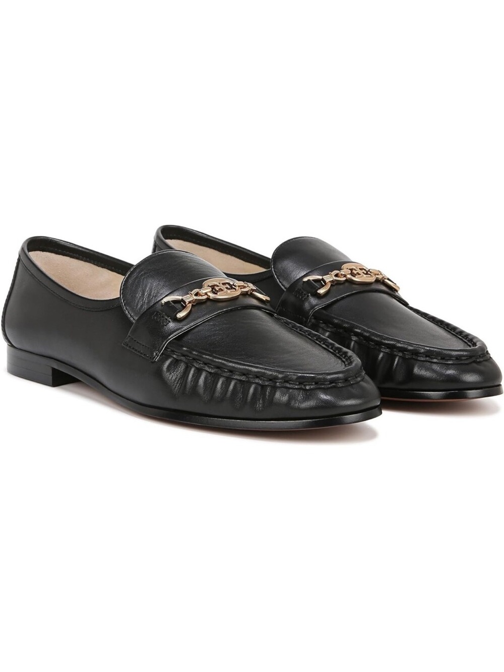 Sam Edelman - Lucca - Black Leather Women's Loafers with Gold Chain Accent
